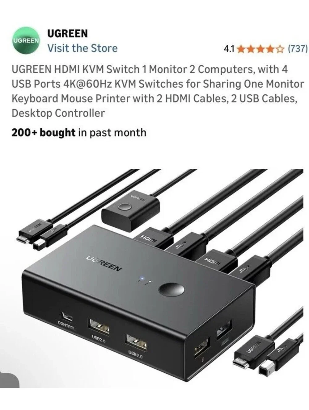 UGREEN KVM Switch Box HDMI 2 Computers 1 Monitor 4 USB Ports 4K 60Hz Controller